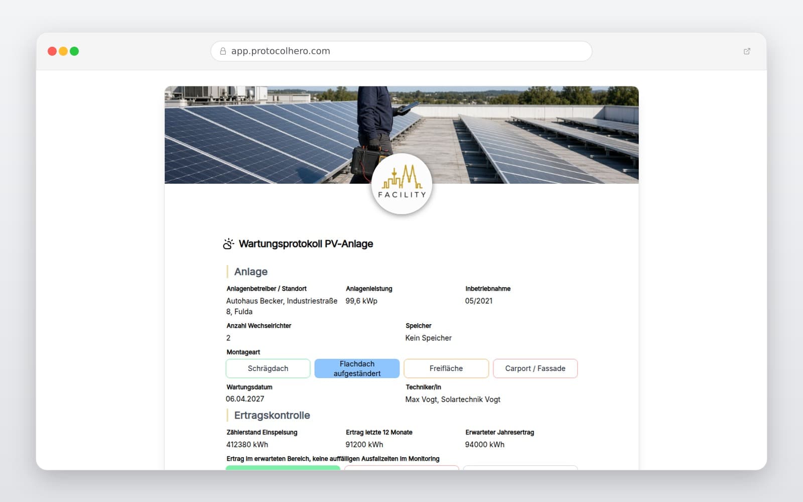 Vorschau der Vorlage „Wartungsprotokoll PV-Anlage"