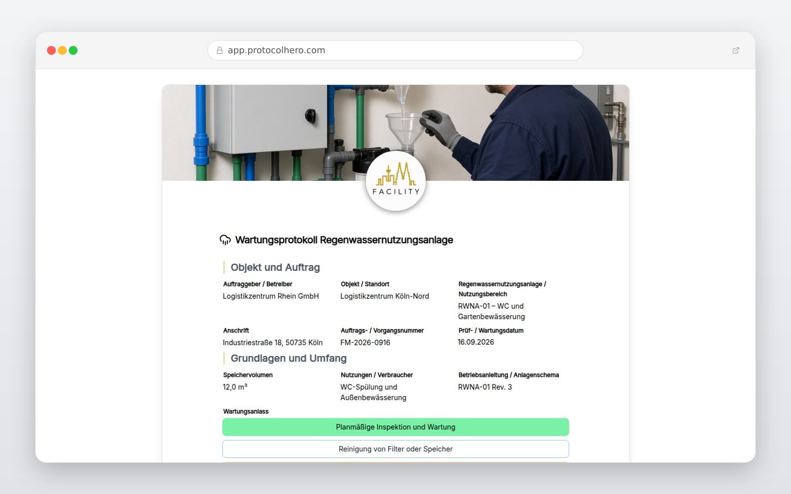 Vorschau der Vorlage „Wartungsprotokoll Regenwassernutzungsanlage"