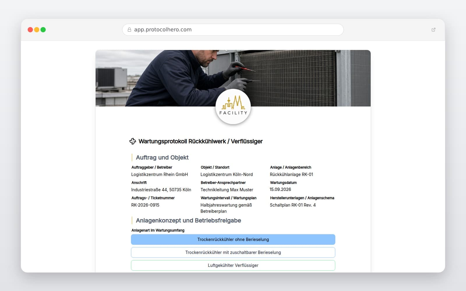 Vorschau der Vorlage „Wartungsprotokoll Rückkühlwerk und Verflüssiger"