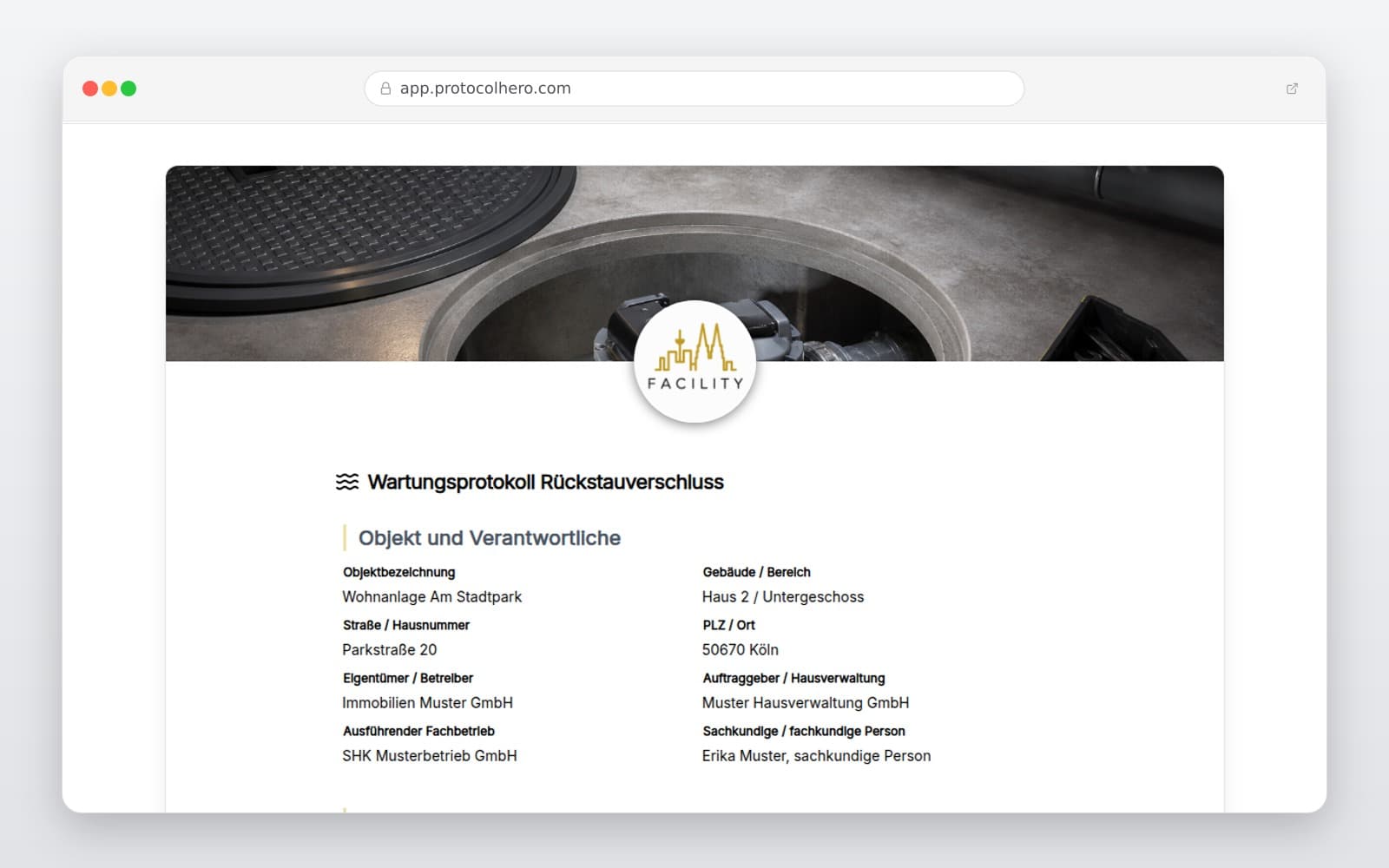 Vorschau der Vorlage „Wartungsprotokoll Rückstauverschluss Vorlage – Digitaler Prüfbericht"