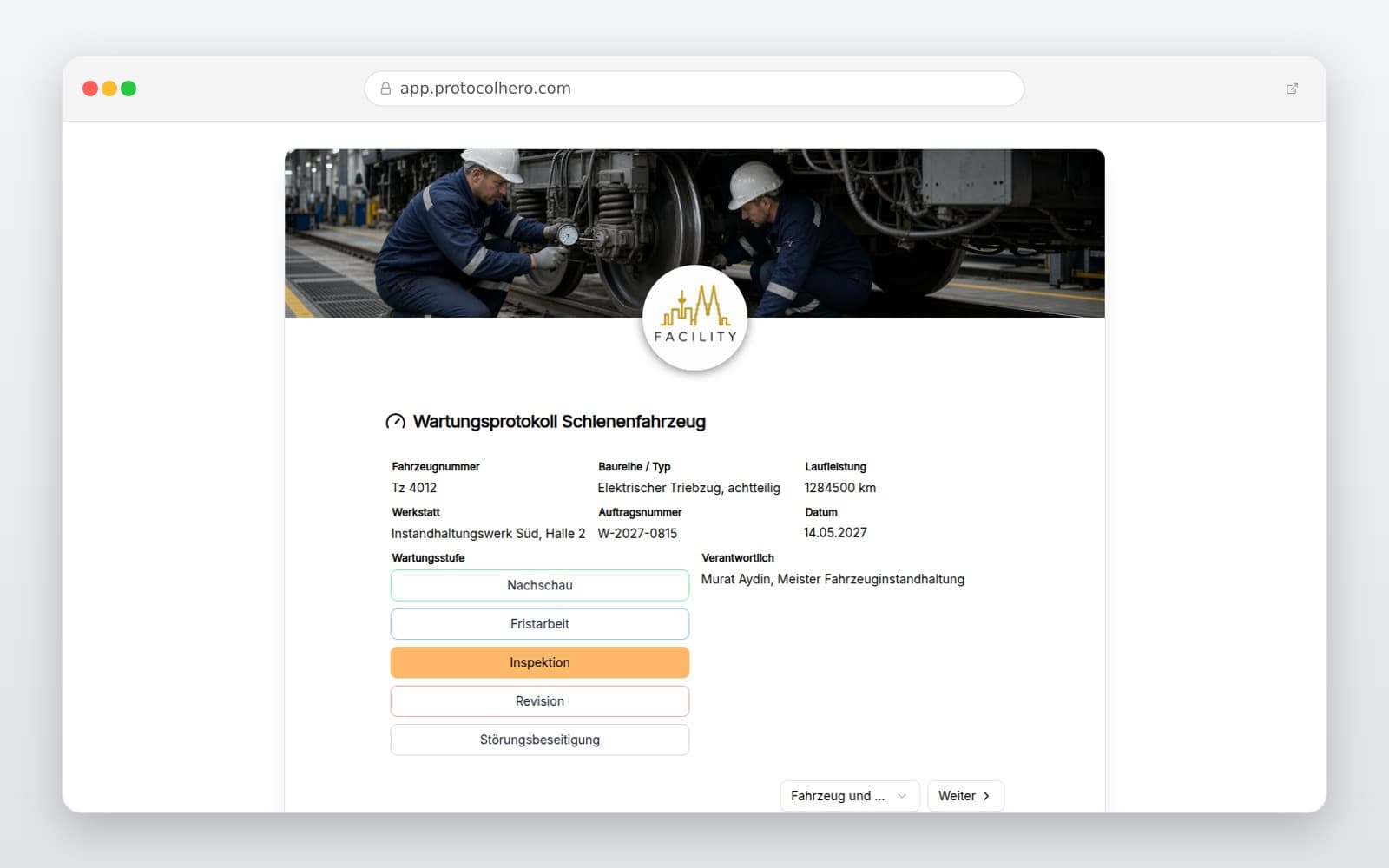 Vorschau der Vorlage „Wartungsprotokoll Schienenfahrzeug"