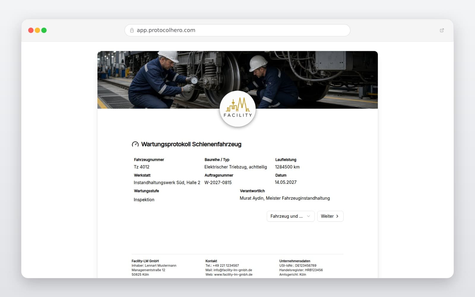 Vorschau der Vorlage „Wartungsprotokoll Schienenfahrzeug"