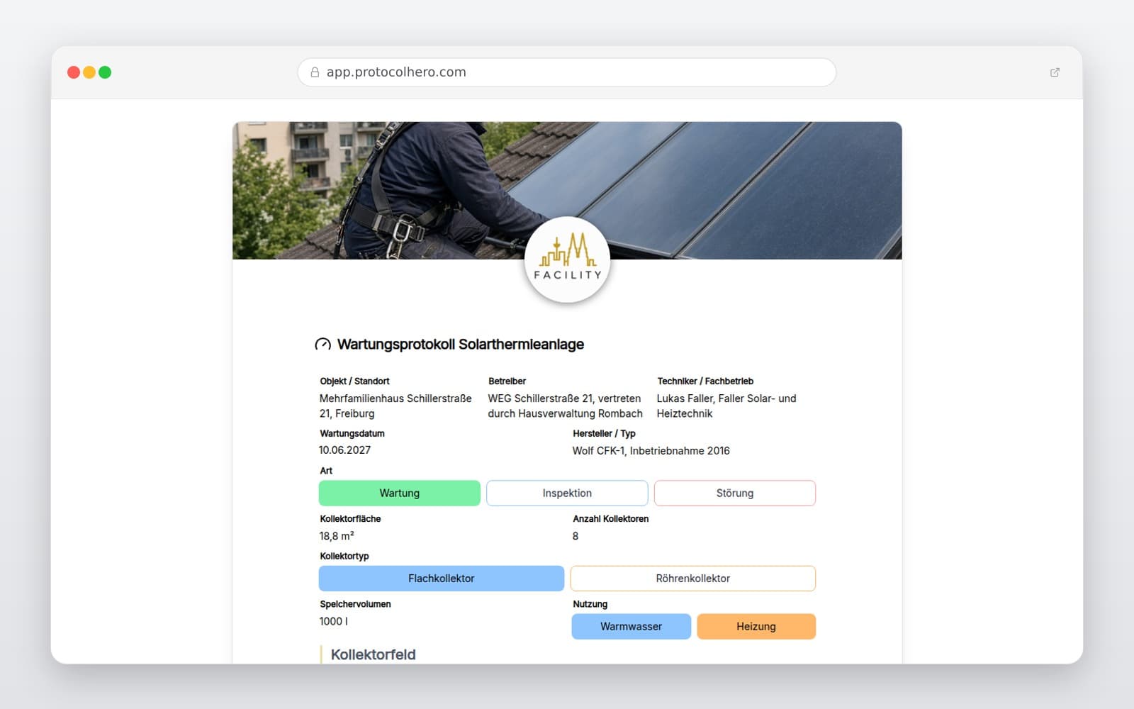 Vorschau der Vorlage „Wartungsprotokoll Solarthermieanlage"