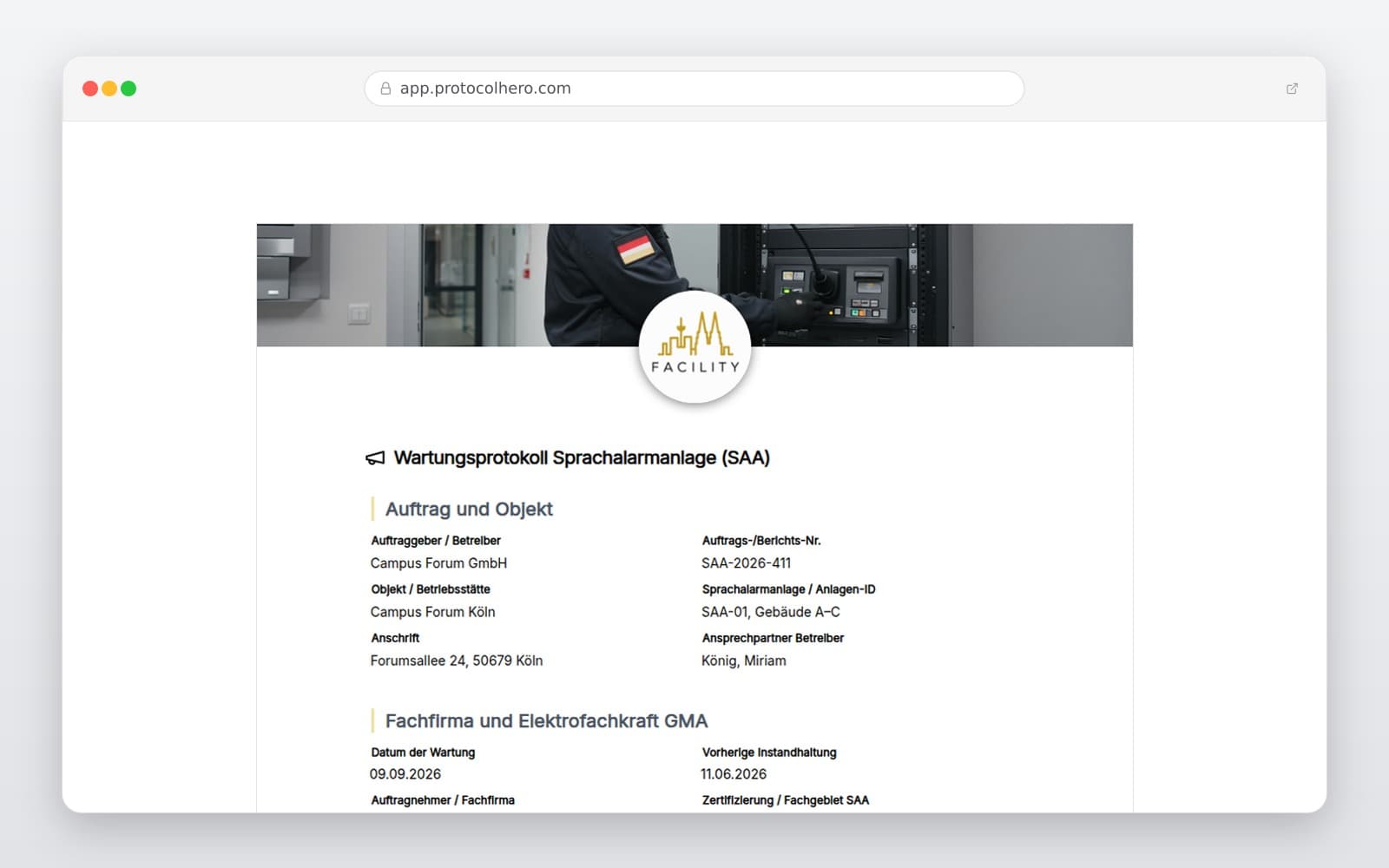 Vorschau der Vorlage „Wartungsprotokoll Sprachalarmanlage (SAA) – Vorlage"