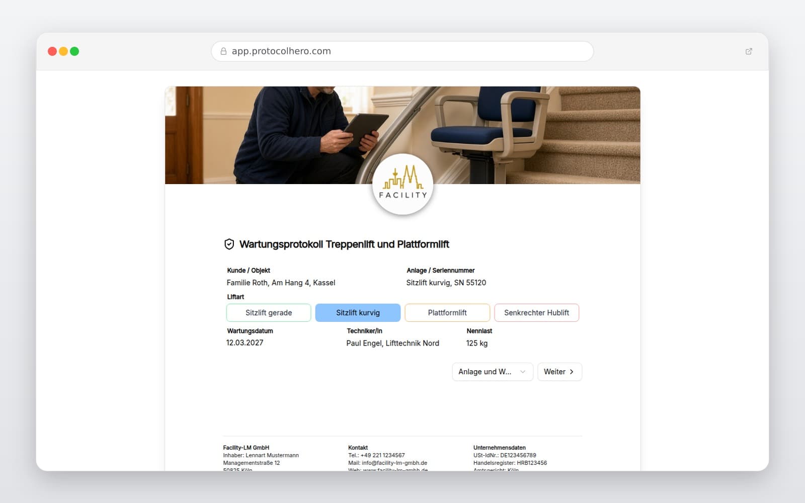 Vorschau der Vorlage „Wartungsprotokoll Treppenlift und Plattformlift"