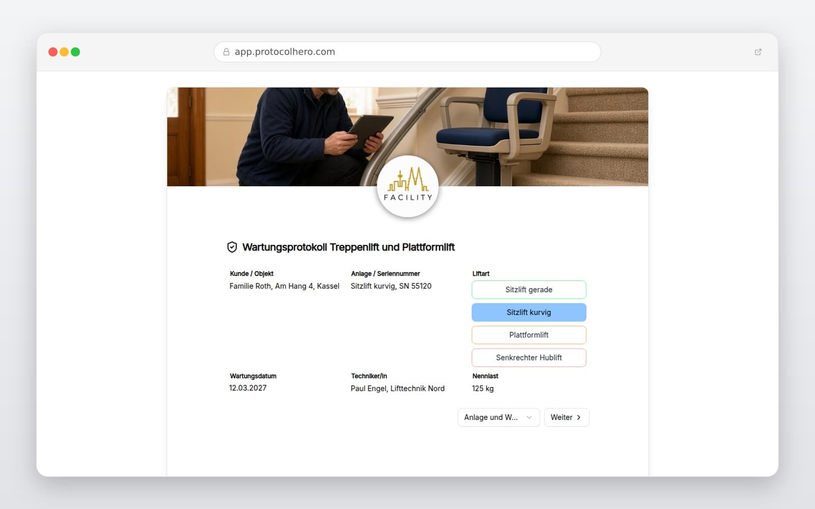 Vorschau der Vorlage „Wartungsprotokoll Treppenlift und Plattformlift"