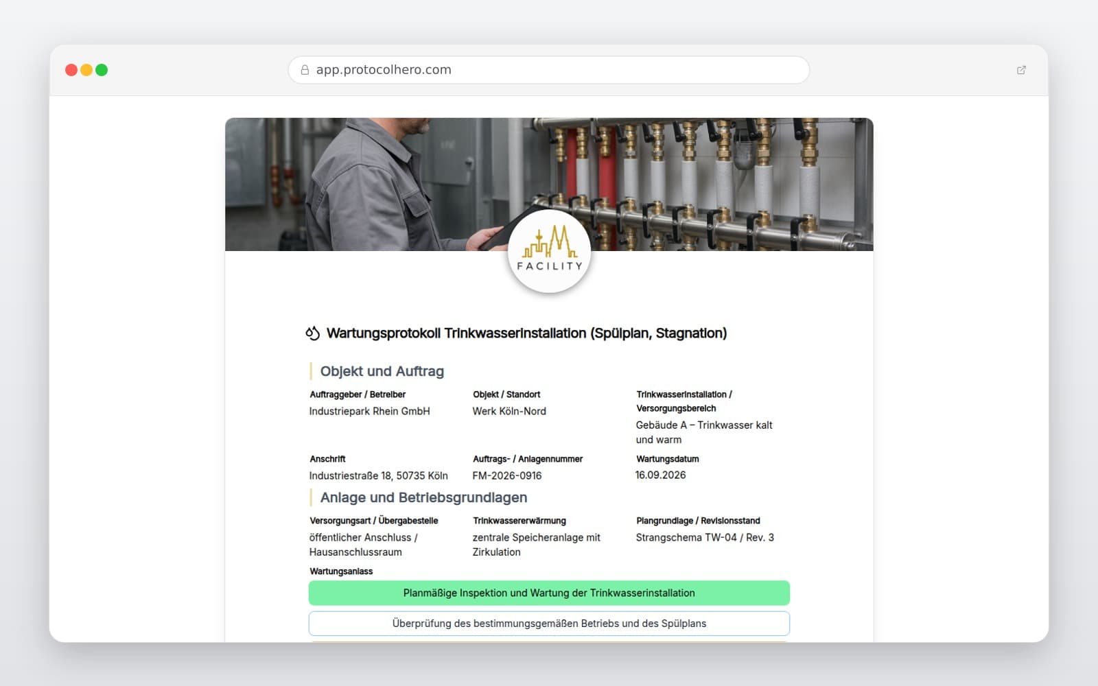 Vorschau der Vorlage „Wartungsprotokoll Trinkwasserinstallation (Spülplan, Stagnation)"