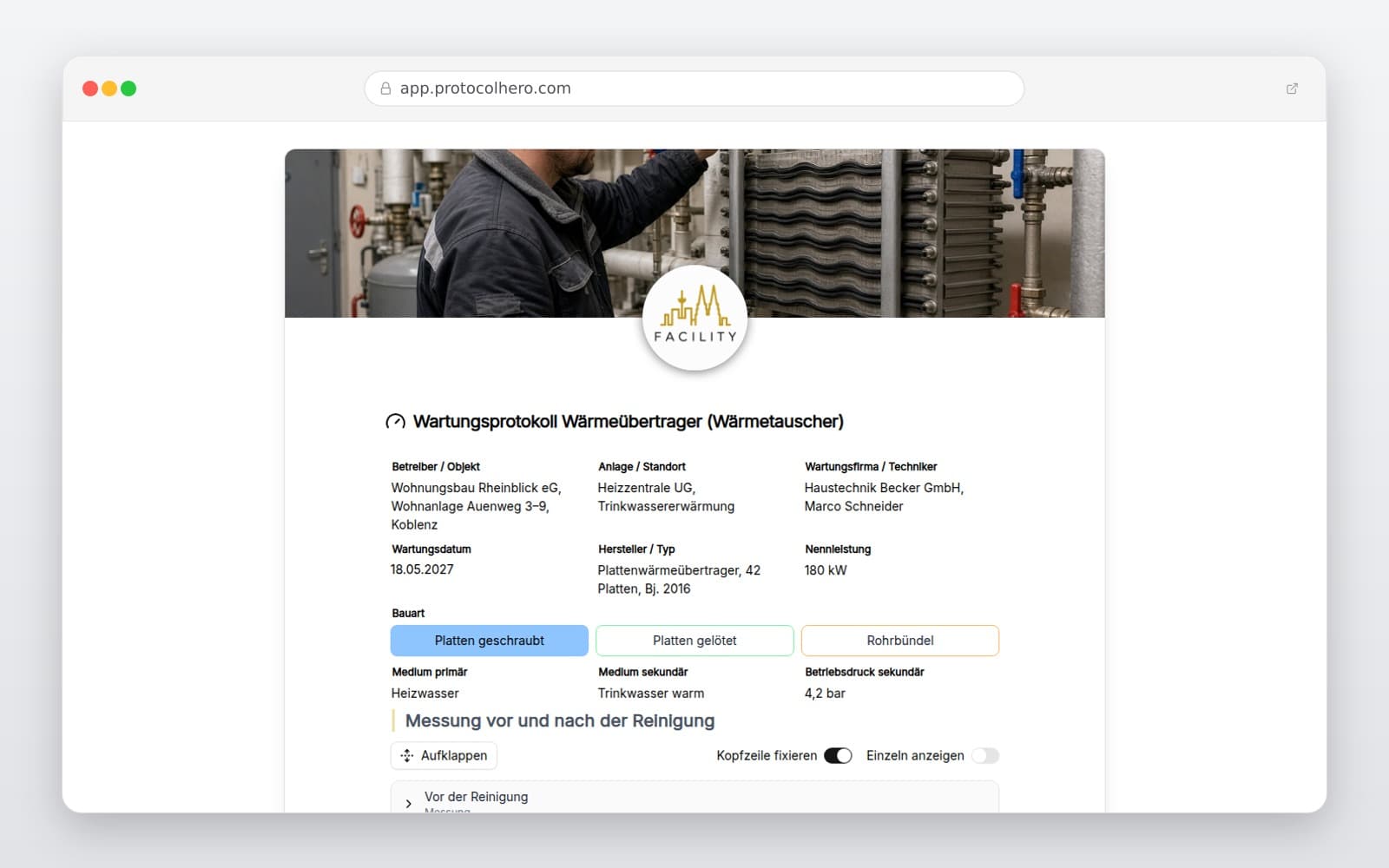 Vorschau der Vorlage „Wartungsprotokoll Wärmeübertrager (Wärmetauscher)"