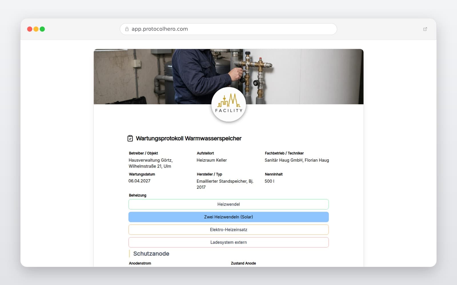 Vorschau der Vorlage „Wartungsprotokoll Warmwasserspeicher"