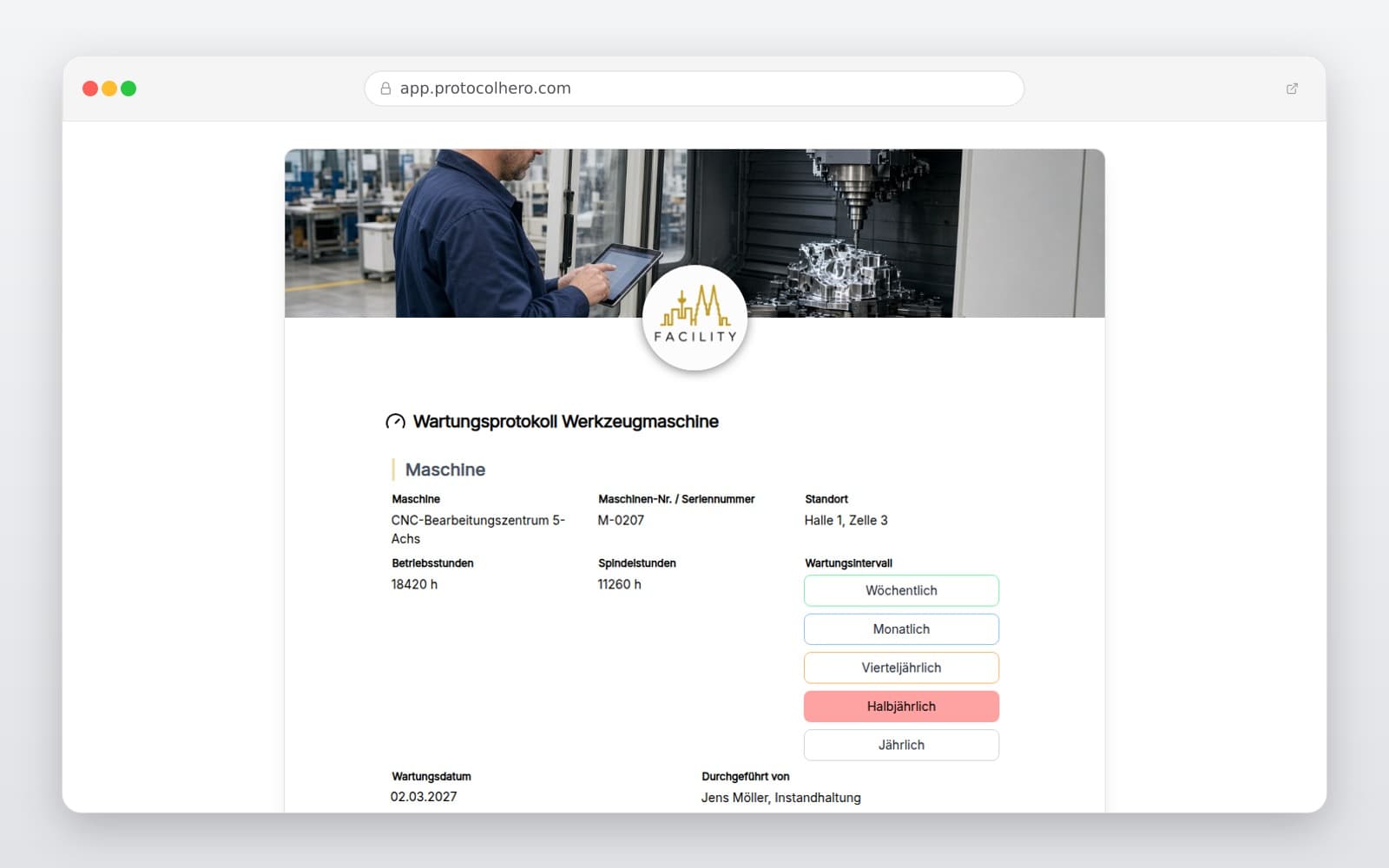 Vorschau der Vorlage „Wartungsprotokoll Werkzeugmaschine"