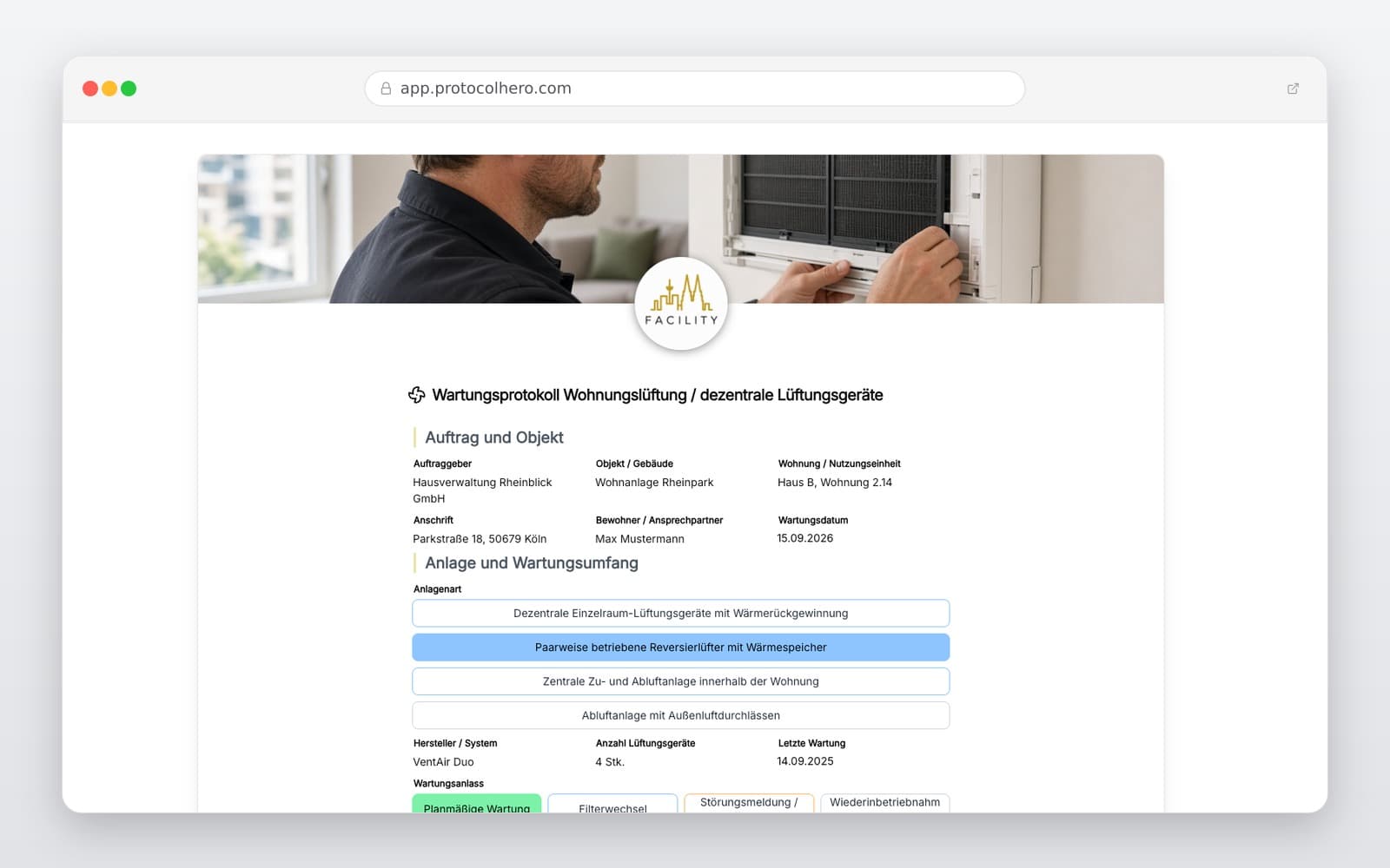 Vorschau der Vorlage „Wartungsprotokoll Wohnungslüftung und dezentrale Lüftungsgeräte"