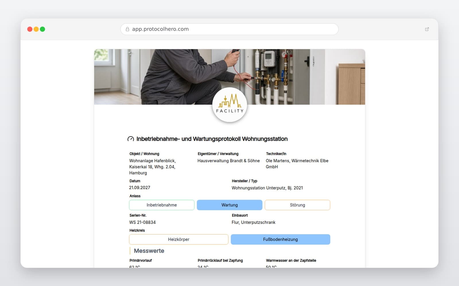 Vorschau der Vorlage „Inbetriebnahme- und Wartungsprotokoll Wohnungsstation"
