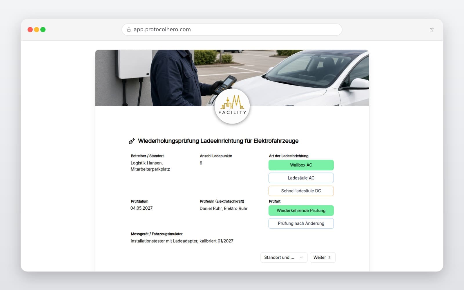 Vorschau der Vorlage „Wiederholungsprüfung Ladeeinrichtung für Elektrofahrzeuge"