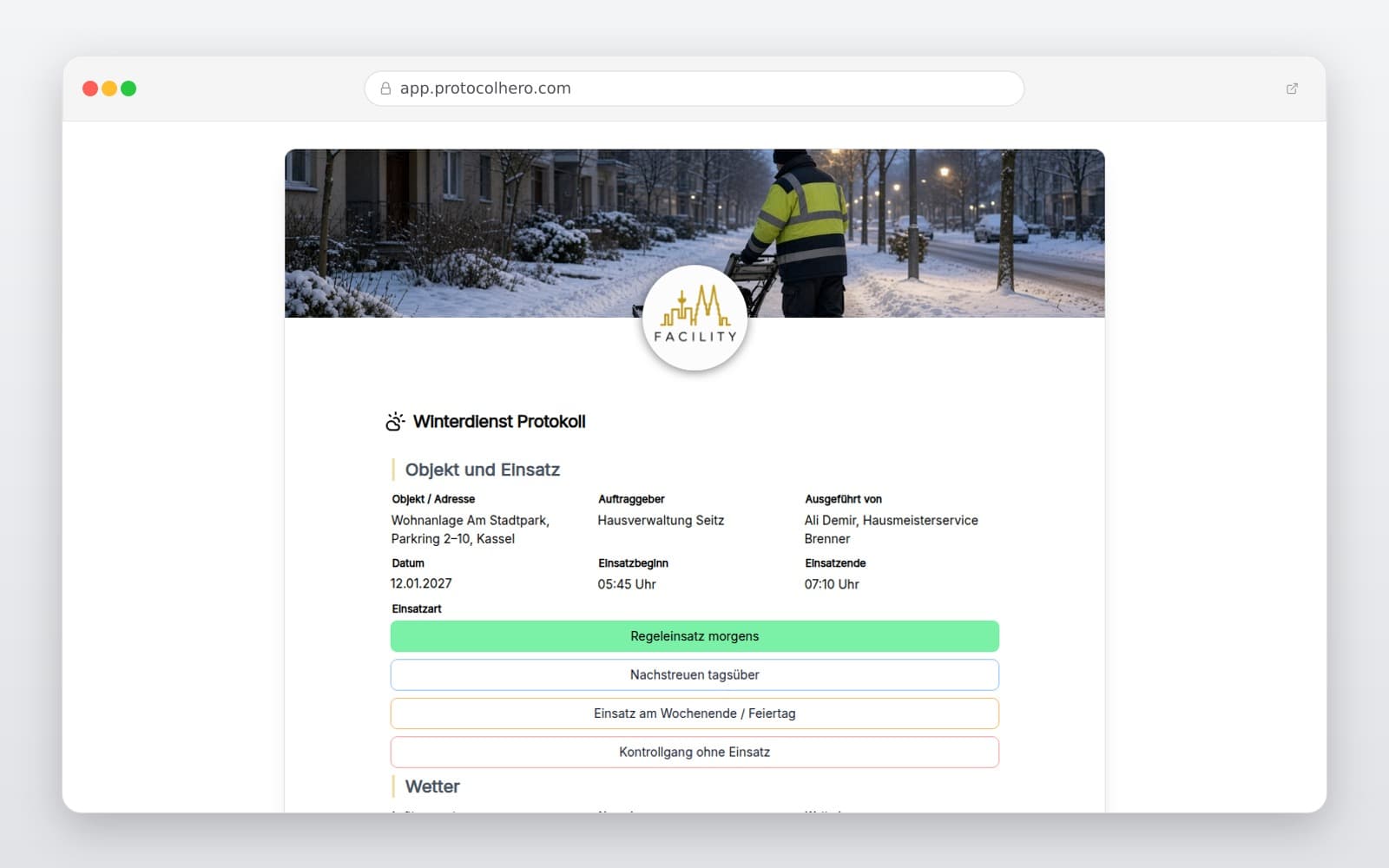Vorschau der Vorlage „Winterdienst Protokoll"