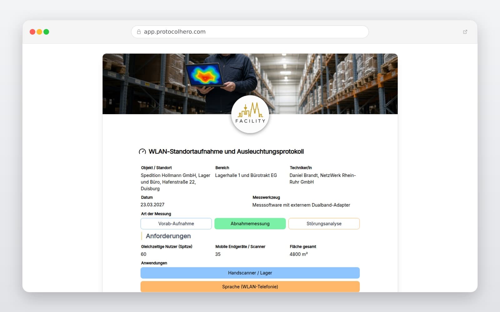 Vorschau der Vorlage „WLAN-Standortaufnahme und Ausleuchtungsprotokoll"
