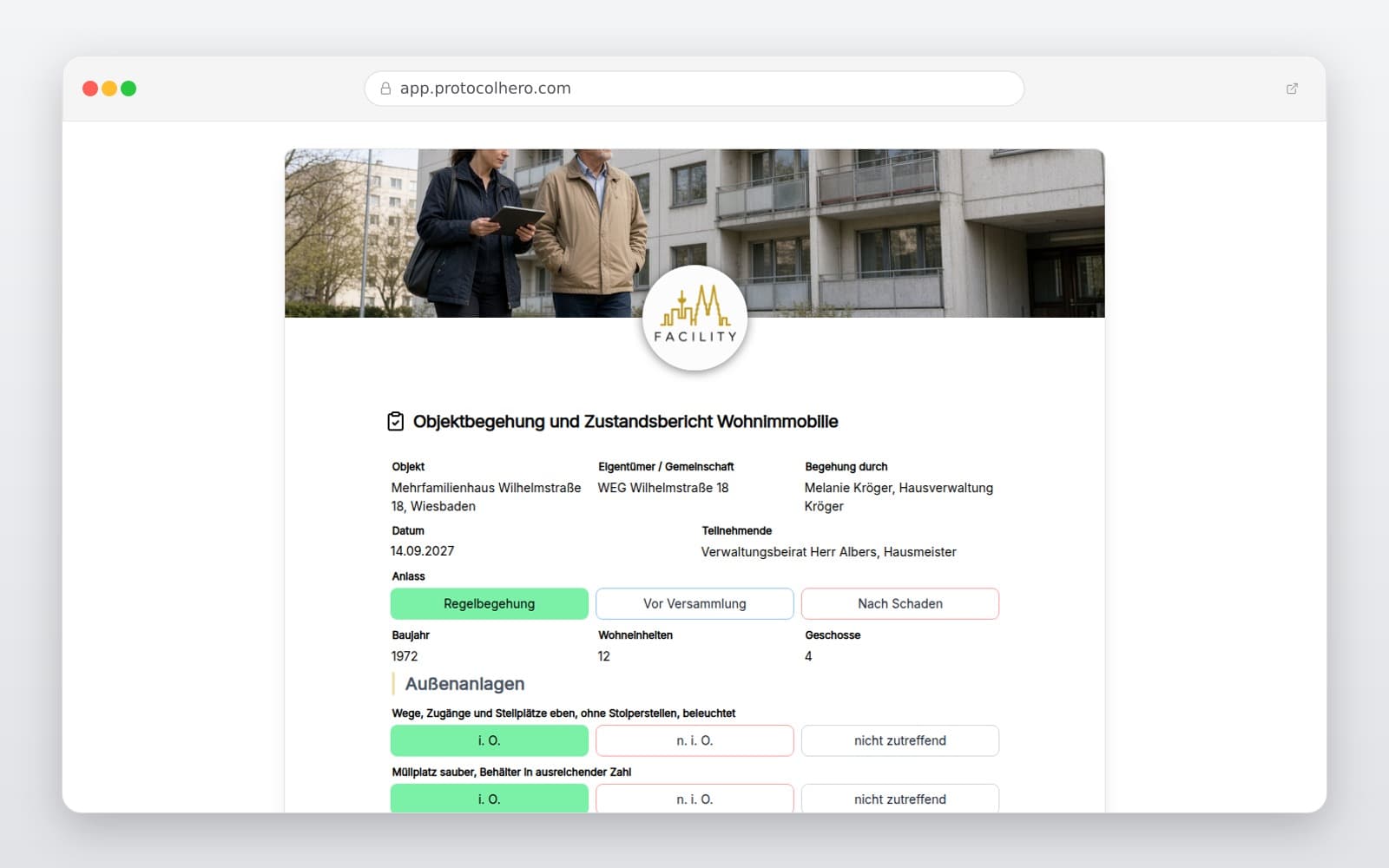 Vorschau der Vorlage „Objektbegehung und Zustandsbericht Wohnimmobilie"