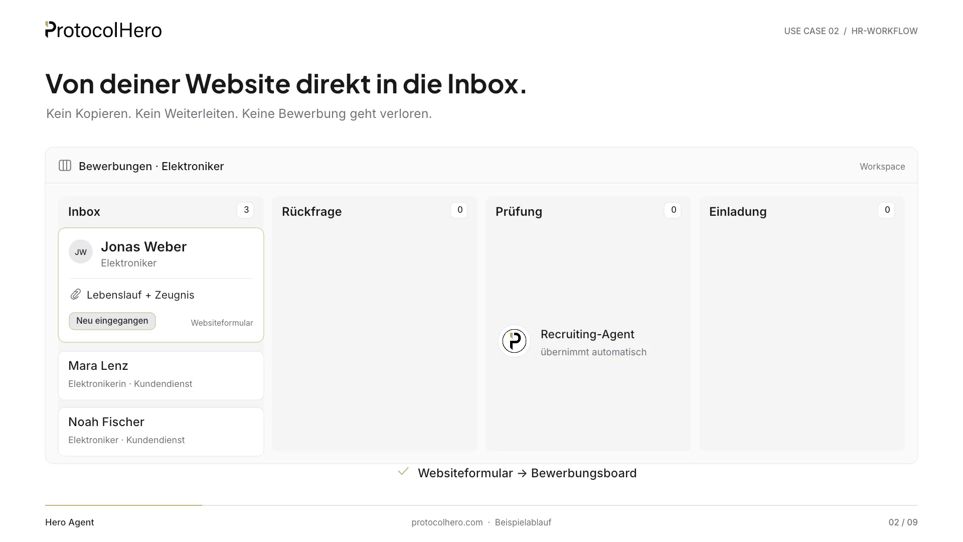Bewerbermanagement mit KI: Bewerbungen als Karten im Board, Hero Agent prüft und empfiehlt